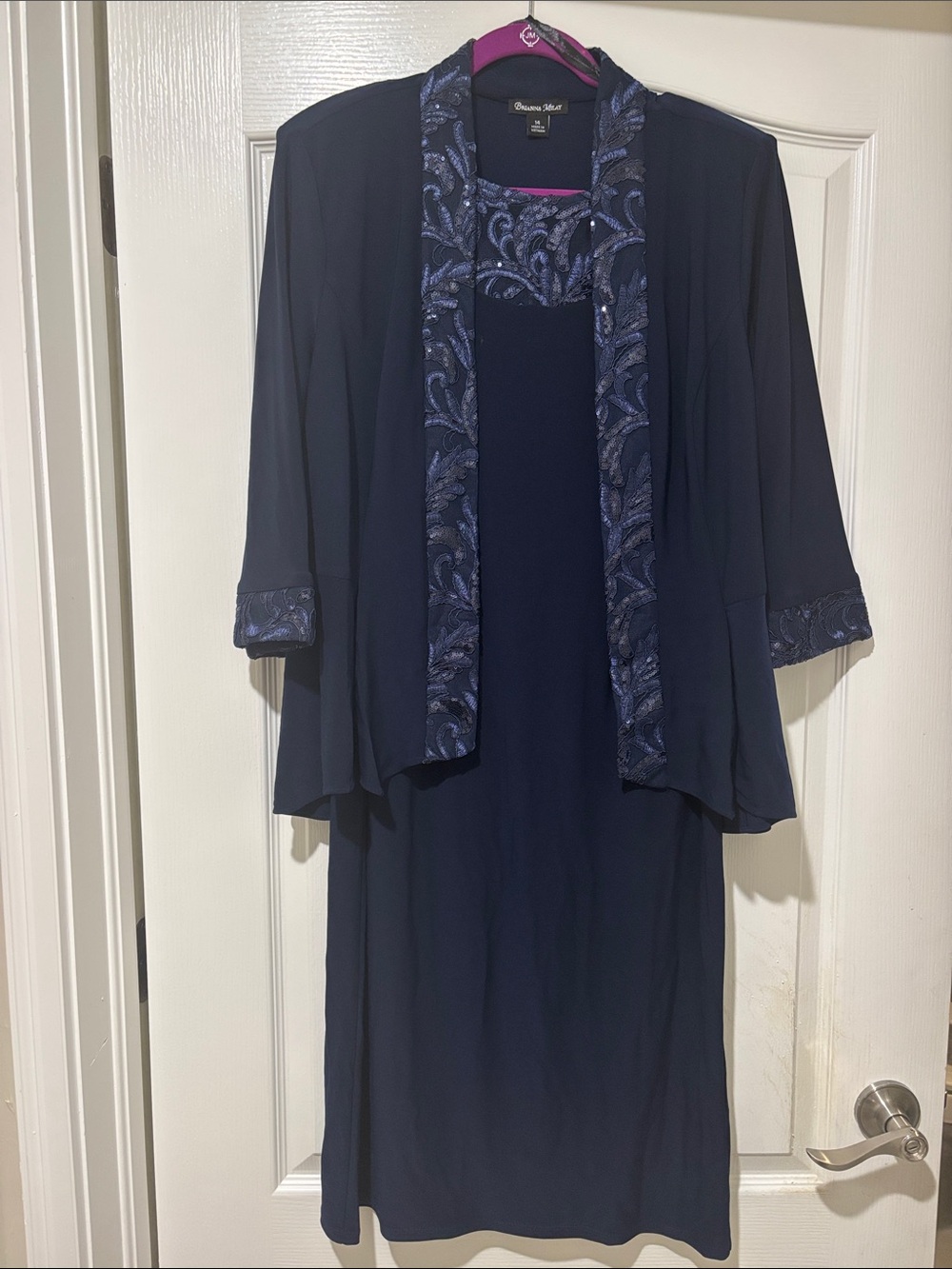 Elegant Navy Evening Dress Set with Embroidered/Sequined Trim